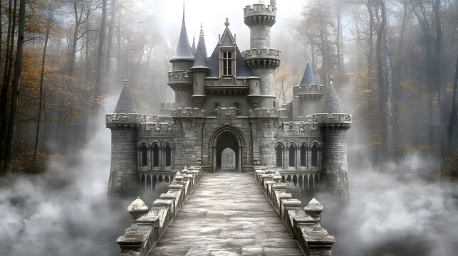 Geheimnisvolles Schloss im dichten Nebel, Fantasy-Burg in mystischer Landschaft  
