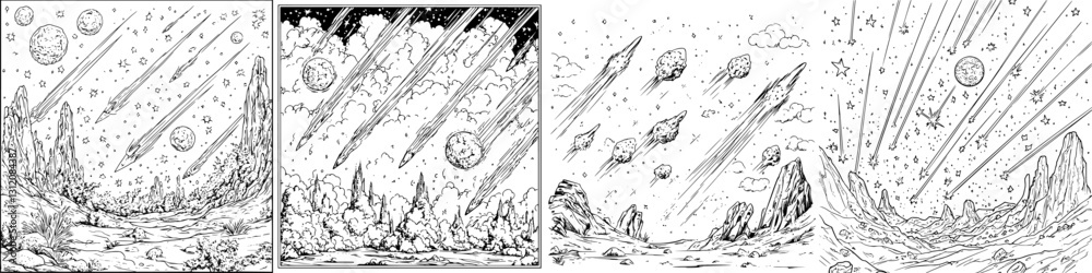Poster cosmic events unfold in a vast alien landscape featuring meteor showers and distant celestial bodies