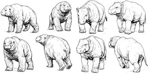 Evolutionary sketches of prehistoric mammals illustrating various stages of hippo and bear traits