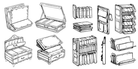 Collection of vintage storage boxes and shelves showcasing various designs in a minimalist style