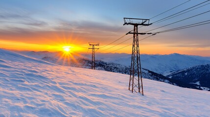A stunning sunrise casts a warm glow over a snowy landscape featuring silhouetted ski lift poles against a vibrant orange sky, creating a serene winter scene.