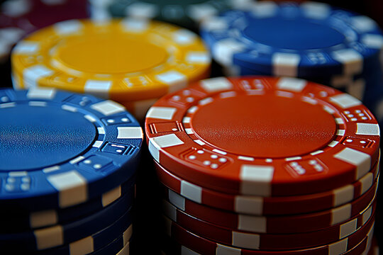 Bunte Pokerchips in Nahaufnahme, Casino-Gl&uuml;cksspiel und Nervenkitzel  
