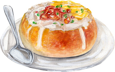 vintage zuppa soup appetizer on a plate illustration in watercolor