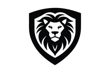 Silhouette art illustration of a lion's head inside a shield logo.eps
