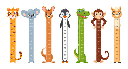 Children Growth Meter, Height Chart with cartoon animals, kids height chart. Cute wall meter with funny animals Tiger, Koala, Kangaroo, Penguin, Monkey, Llama.
