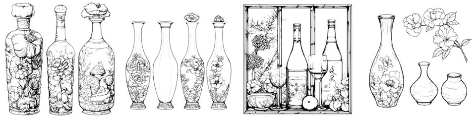 Elegant collection of decorative vases with floral designs displayed in artistic arrangements