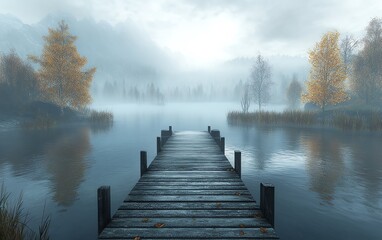Misty dock surrounded by serene lake waters, gentle ripples and soft fog, morning sunlight breaking through, tranquil and soothing nature landscape, hyperdetailed, Midjourney v6