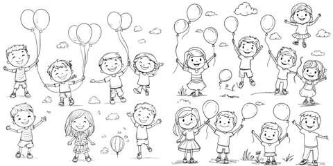 Hand-drawn cartoon depiction of happy children engaging in playful activities, presented in a modern illustration