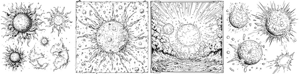 Exploring celestial designs in black and white depicting suns and cosmic phenomena