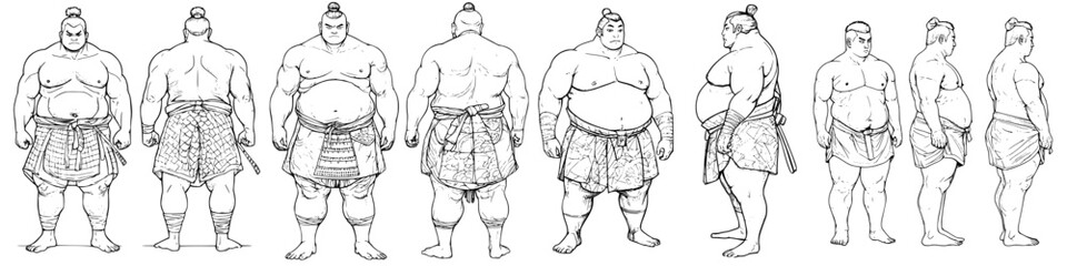 Illustration of sumo wrestlers in various poses displaying traditional costumes and physique