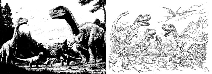 Prehistoric dinosaurs from cartoons are depicted in a set of coloring book images