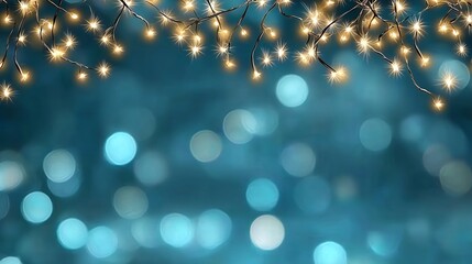 Soft blue background adorned with twinkling warm white fairy lights creating a dreamy and enchanting atmosphere ideal for celebrations.