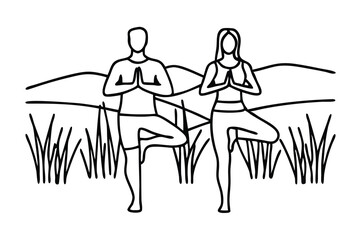 Man and woman practicing yoga together in a serene setting line art flat vector illustration