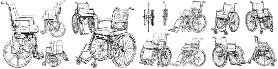 Fototapeta premium Different types of wheelchairs displayed on a white background for comparison and design purposes