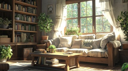 Fototapeta premium Sunlit living room with sofa, bookshelves, and plants.