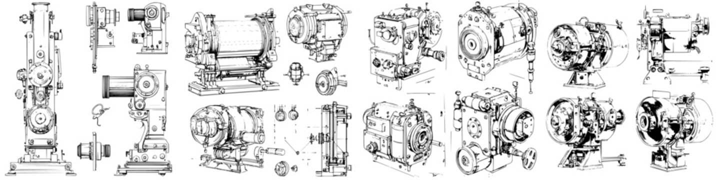 Collection of various machinery schematics showcasing technical details and designs for engineering enthusiasts