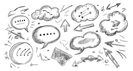 Hand-drawn elements for infographics are positioned on an isolated background, including speech bubbles to represent thoughts and conversations, and doodles that utilize hatching, with the entire