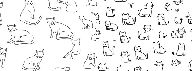 Hand drawn cats in line art style create a seamless pattern in monochrome tones of black and white