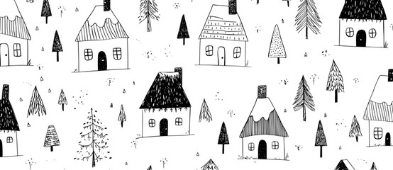 This set consists of hand-drawn buildings on a Christmas greeting card, which includes an illustration of houses