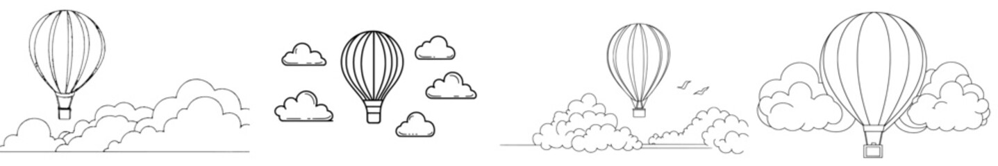 Obraz premium A minimalist illustration of a hot air balloon floating among clouds is depicted in a continuous line art drawing style with a modern black linear design isolated on a white background
