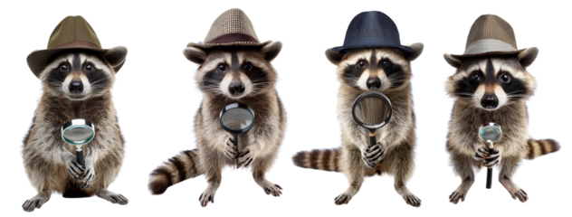 Four raccoons in hats, each holding a magnifying glass, posing for a fun detective theme.