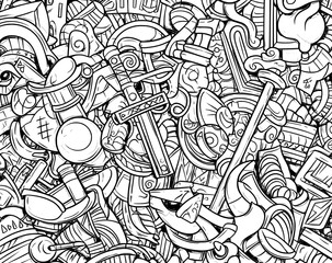 Obraz premium A modern set of Scandinavian Vikings features hand-drawn designs including a helmet with horns, sword, boat, axe, spear, and another boat, all with isolated black lines on a white background for use