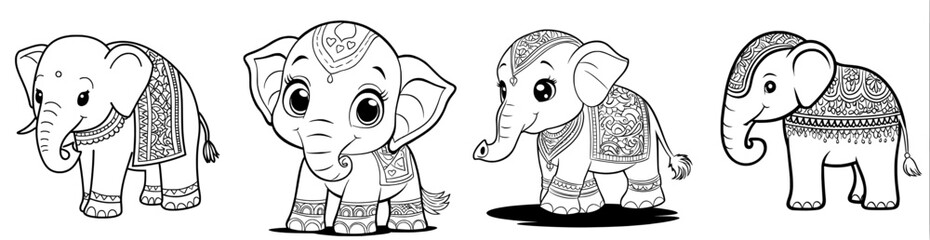 Obraz premium A cute cartoon elephant doodle is decorated with an Indian elephant bearing painted flowers in a black and white line art style suitable for coloring