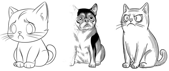 Fototapeta premium A cartoon cat displaying nervousness is depicted in a line drawing with a rainbow gradient effect