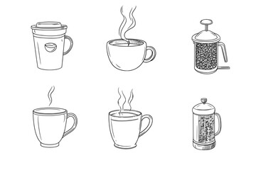 A hand drawn collection of hot beverages is featured, including doodles of coffee cups on a white background, showcasing coffee, tea, cappuccino, espresso, latte, americano, and hot chocolate
