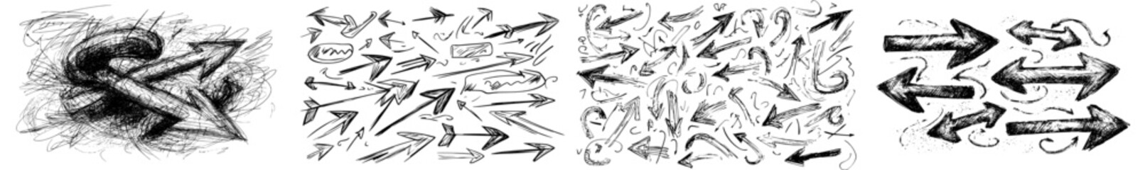 Obraz premium A collection of diverse arrow shapes featuring a chalk texture on a black, hand-drawn doodle effect, ideal for designing engaging and lively visuals in presentations with a Crayon texture and pencil