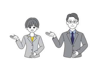 案内をする受付の女性と男性のイラストセット