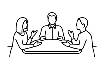 People gathered at a table line art flat vector illustration on white background