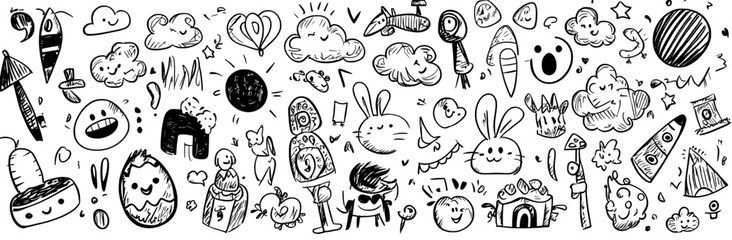 The illustration features a cute kid set against a backdrop of trees, clouds, and flowers, all rendered in a charming hand-drawn doodle style reminiscent of child's art