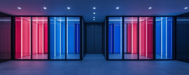 Fototapeta premium Modern interior hallway with glass partitions illuminated by pink and blue neon lights, dark grey floor, and a dark grey door in the center.