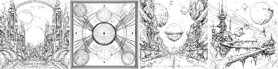 Obraz premium Futuristic city landscapes featuring abstract planetary designs and intricate architectural structures
