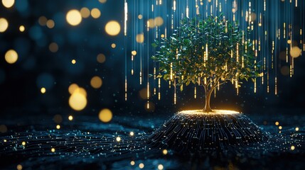 Obraz premium A tree growing on a floating digital island surrounded by glowing binary rain.