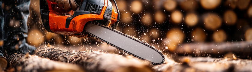 A close-up of a chainsaw cutting through wood, showcasing powerful machinery.