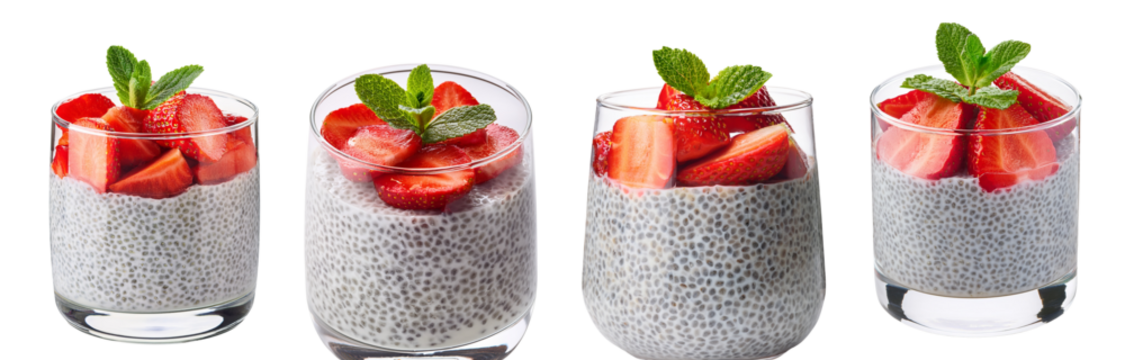 Delicious chia seed pudding topped with fresh strawberries and mint leaves.