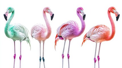 Obraz premium Graceful pink flamingo, with a strikingly long neck and pristine white body, elegantly posed to the left against a vibrant green backdrop. Its posture exudes serene elegance