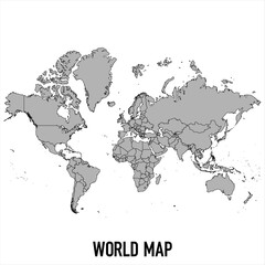 World map in grey style isolated on white background. Vector illustration.