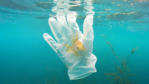 Trapped in Plastic: A Fish Inside a Discarded Glove &ndash;  Visual Metaphor for Ocean Pollution and Environmental Awareness.  Devastating Impact of Plastic Waste on Marine Life.