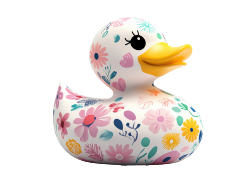Colorful rubber duck decorated with floral patterns sitting on a bright surface in a playful setting during daytime