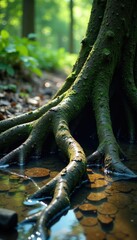 twisted gnarled tree roots snaking through water, earthy, mossy