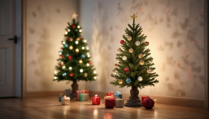Ornaments and lights on a small Christmas tree, miniature evergreen branches, adorable winter scene