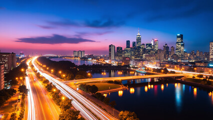 Fototapeta premium Beautiful Cityscape at Dusk With Vibrant Skyline and Illuminated Road Background