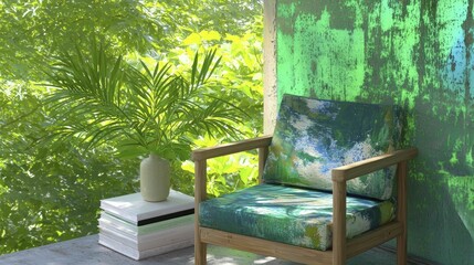 A cozy reading nook with accessible design elements, featuring a vintage chair and a stack of wellness books beside it.