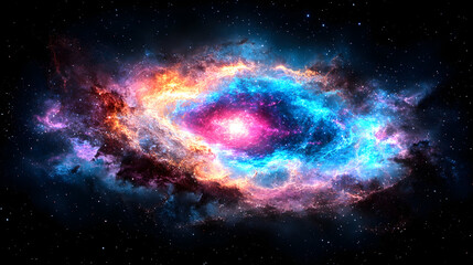 A vibrant nebula with swirling colors and a bright, central core