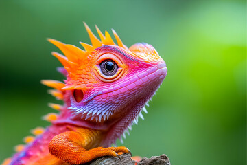 A vibrant, orange and pink lizard with a spiky crest looks up with a curious expression