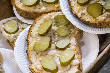 Fresh portion of wheat or rye bread with homemade lard with pickled cucumber