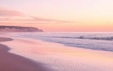 Obraz premium A peaceful beach at sunrise, with soft pink and orange hues in the sky and gentle waves washing ashore